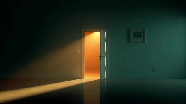 White door opening in dark room revealing bright golden light