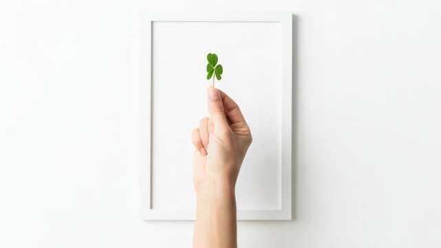 Woman hand displaying a three, then two, then one leaf clover inside a white frame showcasing growth and luck for St Patricks day