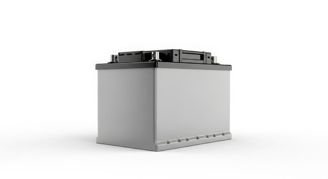 Contemporary Automotive Car Battery in Gray and Black, Designed for Vehicle Power and Starting Systems, Isolated on White