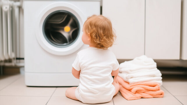 Toddler from behind watching a washing machine at home. Curious baby sitting on the floor with clean laundry. Childhood and domestic household chores