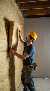 Construction worker installing thermal wall insulation. Young adult white man in hard hat working on home renovation for energy efficiency