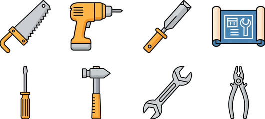 Obraz premium Construction Repair Hand Tool Icons Set Saw Drill Hammer Wrench Screwdriver Pliers