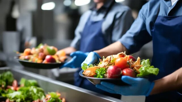 Food waste recycling facility action faceless employees sorting organic waste composting sustainable management environmental practices highlighting responsibility operation