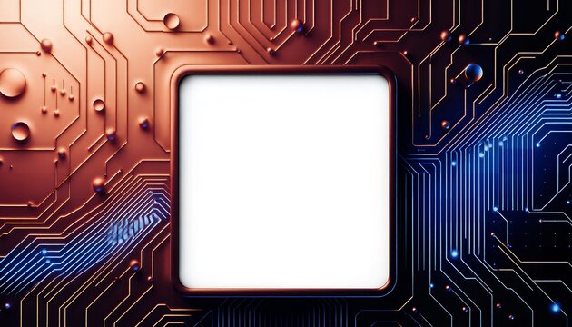 A close-up view of a white square on a circuit board background with copper and blue lines and dots