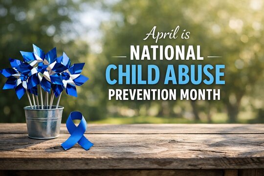 Blue pinwheels and ribbon for National Child Abuse Prevention Month on wooden table