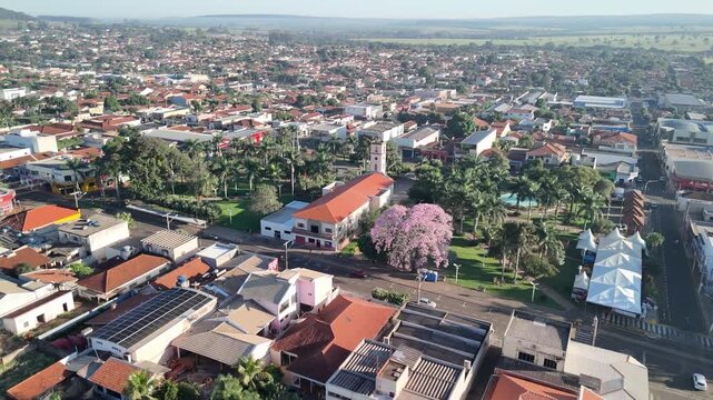 Cassilandia, Mato Grosso do Sul, Brazil - 04 05 2024: Aerial orbit of church and city square
