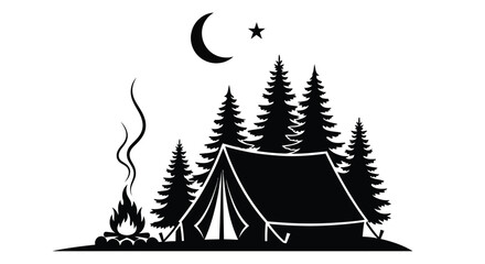 Minimalist illustration of a camping scene with trees tent and campfire © ASK_Studio