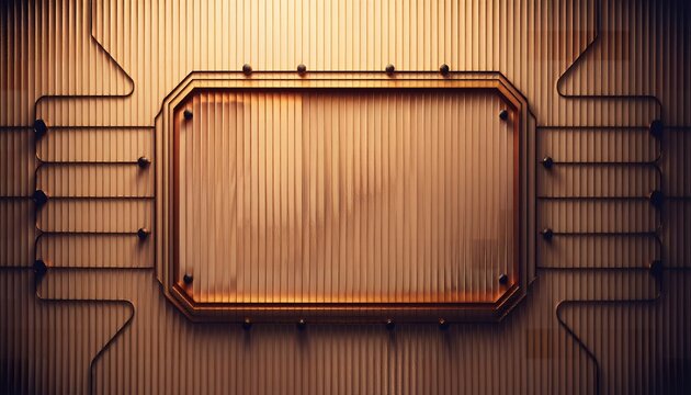 A futuristic metallic plate with an octagonal border and copper-colored accents on a textured wooden background with a grid of wires