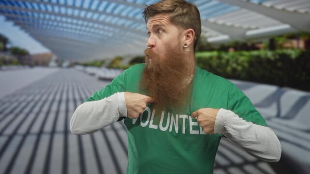 Man with long beard wearing casual green volunteer shirt points finger to shirt in park setting; surprise pride identity selfassertion.
