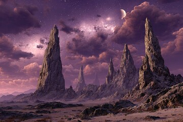 alien landscape with towering rock spires under a violet sky