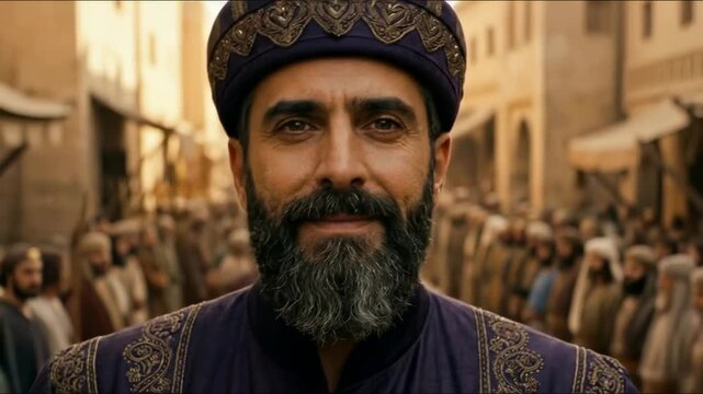 Regal middle eastern man in traditional ornate attire standing in a bustling ancient market for cultural heritage concept and historical wisdom