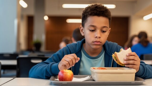 Sad African American boy eating lunch alone in school cafeteria. Lonely student holding sandwich with apple on tray. Bullying and solitude concept