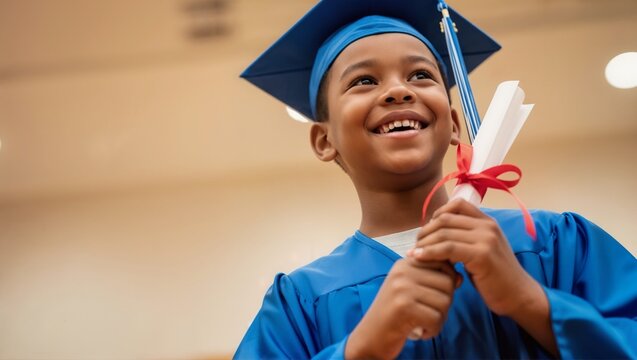 Happy African American boy in blue cap and gown holding diploma. Smiling child graduate looking up at ceremony. Kindergarten graduation success