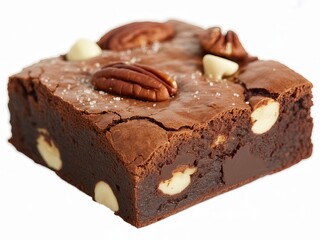 A single rich chocolate brownie topped with pecans and white chocolate chips dessert sweet