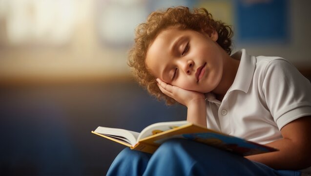 Tired young student falling asleep while reading book in classroom. Exhausted mixed-race boy napping during study. Education and childhood fatigue