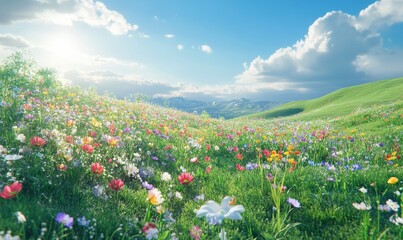 Fototapeta premium Scenic meadow with vibrant wildflowers under a vivid blue sky, surrounded by rolling green hills and warm sunlight 4k hyperrealistic photo