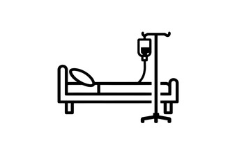 Hospital bed with IV drip icon simple line art symbol for medical care and treatment isolated on white background