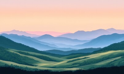 Fototapeta premium Scenic mountain range at sunset, with soft pink and orange hues blending into deep green valleys below, creating a tranquil and picturesque landscape