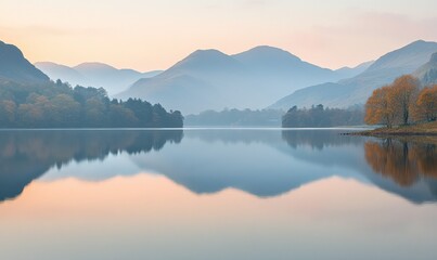Scenic mountain range reflected in a still lake under pastel skies, soft golden light creating a tranquil and picturesque outdoor view