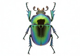 Iridescent Metallic Green and Blue Scarab Beetle with Spiked Legs on White Background insect