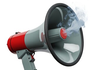 Naklejka premium Red and gray megaphone emitting white smoke on a white background bullhorn loudspeaker