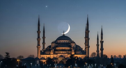 Fototapeta premium Blue Hour Mosque with Crescent Moon.