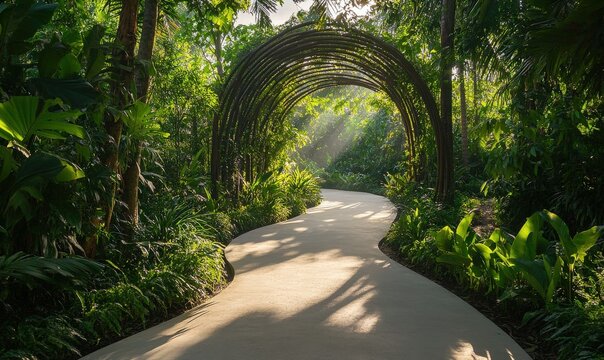 Scenic pathway through a lush green forest with sunlight streaming through the canopy, creating a peaceful and immersive natural retreat