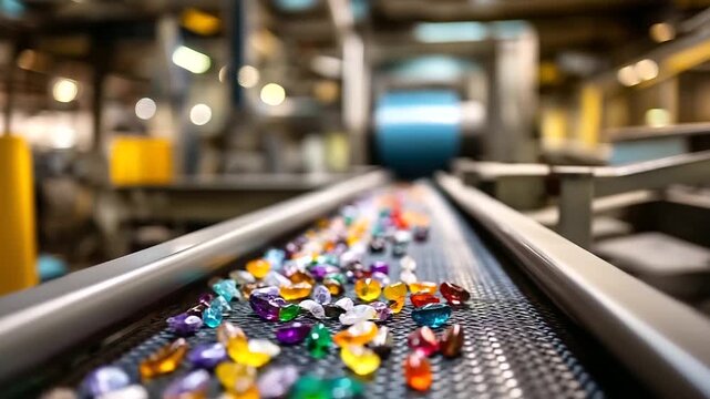 Wide angle view recycling plant conveyor belt transports garbage drum filter rotating cylindrical sieve trommel waste sorting facility operation visualization defocused