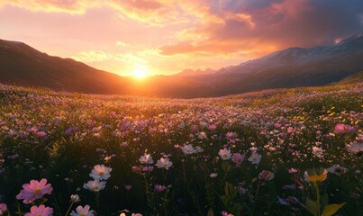 Obraz premium Scenic sunset over a golden field of wildflowers with soft glowing light and a dreamy atmosphere creating a tranquil nature retreat 4k hyperrealistic photo