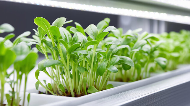 Microgreens growing LED grow lights indoor vertical farm, basil seedlings cultivated controlled greenhouse conditions, environment agriculture cultivation hydroponic farm, with