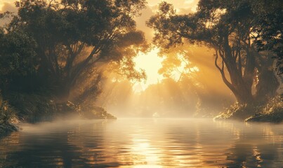 Scenic view of a misty forest reflected in calm waters under golden sunlight, creating a serene and captivating natural landscape © VideoHub