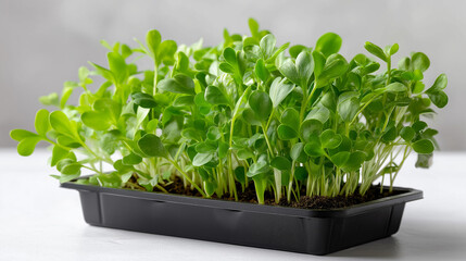 Obraz premium Fresh green pea shoots microgreens growing container, healthy nutrition diet fiber superfood, copy organic cultivation, nutritious food representation, with copy space