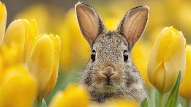 Cute brown bunny hiding among bright yellow tulips. Spring nature composition with soft bokeh for Easter greetings or seasonal design