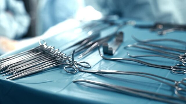 Close-up of sterile surgical instruments on table in operating theater.

