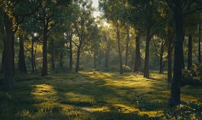 Obraz premium Tranquil forest clearing bathed in golden evening light, with tall trees casting long shadows on the soft moss-covered ground 4k hyperrealistic photo