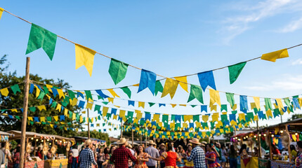 Vibrant outdoor festival with colorful flags and joyful crowd celebrating
