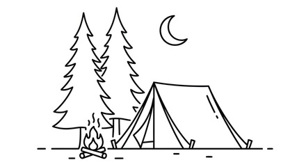 Simple line drawing of a camping scene with trees tent fire and crescent moon © Ferdous_Studio