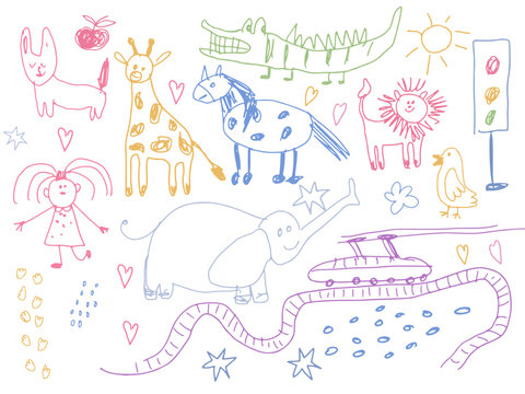 Kids doodle drawings set. Hand-drawn pencil sketches, scribbles. Hand drawn vector illustration.