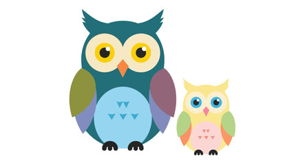 Fototapeta premium Colorful illustration of a large owl with a smaller owlet nearby