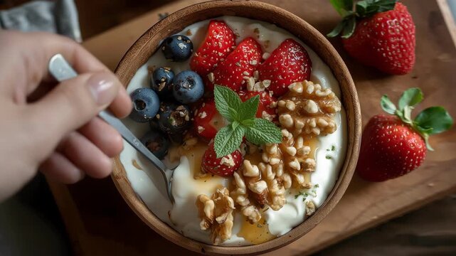 Person hand with spoon in yogurt bowl with berries and walnuts