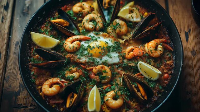 Eating traditional seafood paella with prawns mussels and egg