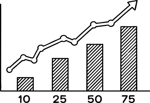 Business growth bar chart, rising financial trend graph with 10 25 50 75 labels, vector EPS illustration of corporate performance and market success vector