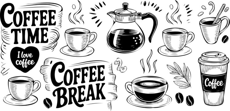 Hand-drawn coffee cup illustrations with coffee time and break phrases Vector