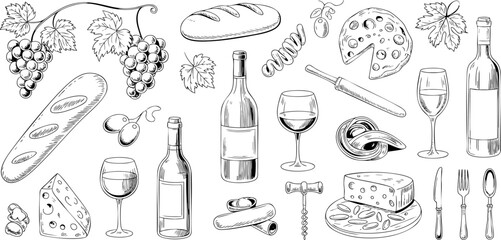 Obraz premium Elegant wine and dine illustration with various food and drink elements Vector