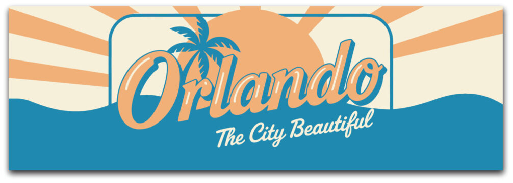 Orlando Florida vintage travel sign, retro postcard style vector illustration of City Beautiful plaque with landscape sea and palm trees for tourism design.