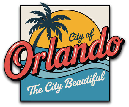 Orlando Florida vintage travel sign, retro tin plate style postcard featuring tropical landscape sea and palm trees representing classic American travel destination.