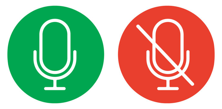 Microphone and mute microphone icons, silent sound symbol, audio icon set, green microphone, red mute microphone collection