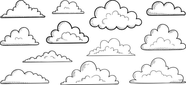 Hand-drawn cloud illustrations in various shapes and sizes Vector