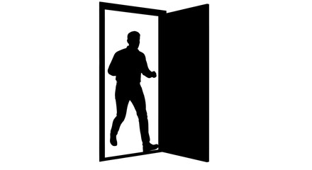 Fototapeta premium Man walking through open doorway entrance.