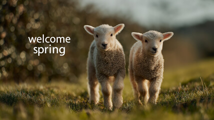 Obraz premium A charming portrait of two white curly-haired lambs walking through a sunlit field, symbolizing the arrival of spring and rural farm life.